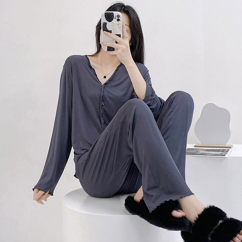 Modal Langärmliges Pyjama-Set Lockere, lässige Strickjacke Loungewear Einfarbig Frühling Dünn Nachtwäsche Homewear Intime Dessous Nachtwäsche XL grau von Joom DACH