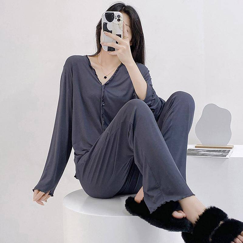 Modal Langärmliges Pyjama-Set Lockere, lässige Strickjacke Loungewear Einfarbig Frühling Dünn Nachtwäsche Homewear Intime Dessous Nachtwäsche XL grau von Joom DACH