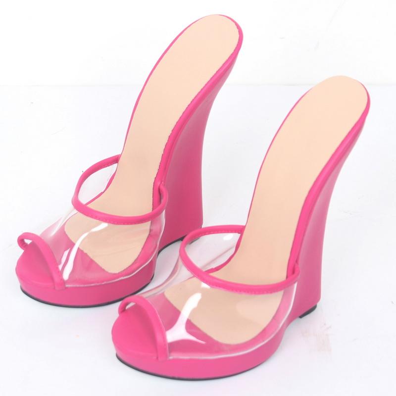 Mode 18CM Hohe Keilsandalen, Peep Toe Damen High Heels Sommerschuhe, Man Cosplay Plateau-Slipper, PVC Obermaterial, Schwarz, Rot, Sonderfarben 45 von Joom DACH