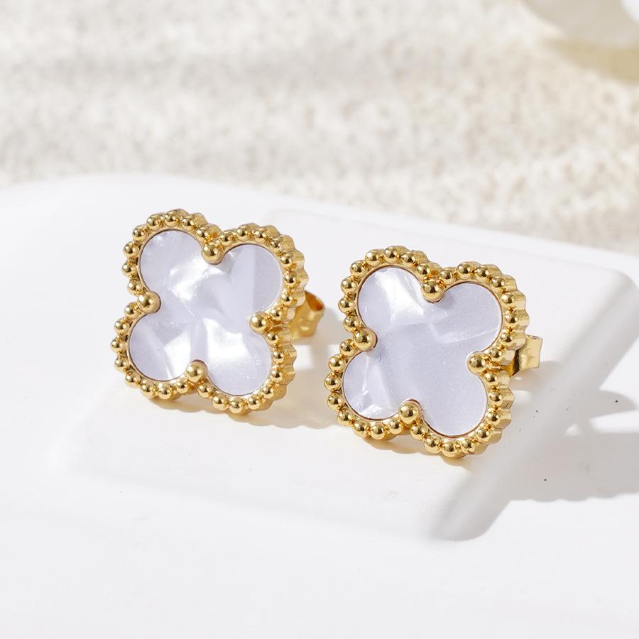 Mode 18k Titanstahl Vierblättriges Kleeblatt Ohrringe Damen Schlichte Muschel Leichter Luxus Hochwertiges Gefühl Ohrringe Persönlichkeitsohrringe von Joom DACH