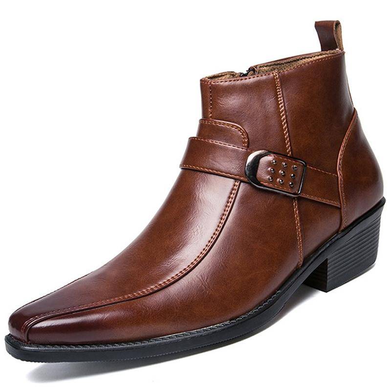 Mode 2024 Neue männer Retro Cowboy Stiefel Leder Schuhe Chelsea Stiefel Spitz Männer Stiefel Zipper Männlichen Stiefeletten Herbst winter Schuhe 42 braun von Joom DACH