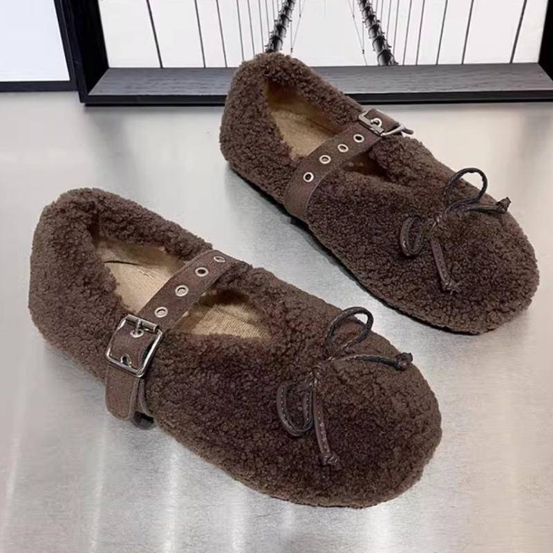 Mode 2024 Winter Neue Modische Einfarbige Schleife mit Ein-Linien-Schnalle und Haarige Damen-Ballerinas Bequeme Damenschuhe 40 schokoladenbraun von Joom DACH