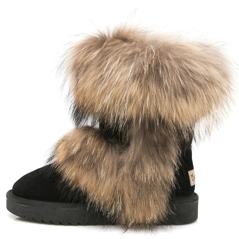 Mode 2025 Allround Naturfuchs Pelz Schneestiefel Echtes Wildleder Schuhe Mid-Calf Kniehohe Stiefel Waschbär Pelz Warm Damen Flache Stiefel 6 von Joom DACH