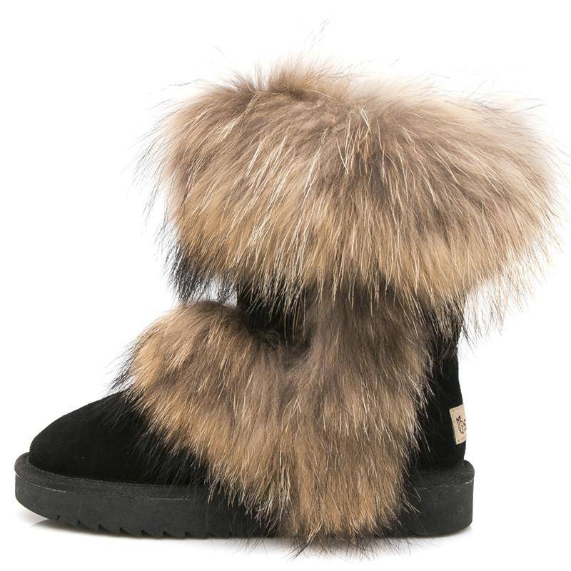 Mode 2025 Allround Naturfuchs Pelz Schneestiefel Echtes Wildleder Schuhe Mid-Calf Kniehohe Stiefel Waschbär Pelz Warm Damen Flache Stiefel 6 von Joom DACH
