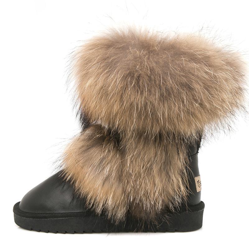 Mode 2025 Allround Naturfuchs Pelz Schneestiefel Echtes Wildleder Schuhe Mid-Calf Kniehohe Stiefel Waschbär Pelz Warm Damen Flache Stiefel 7 von Joom DACH