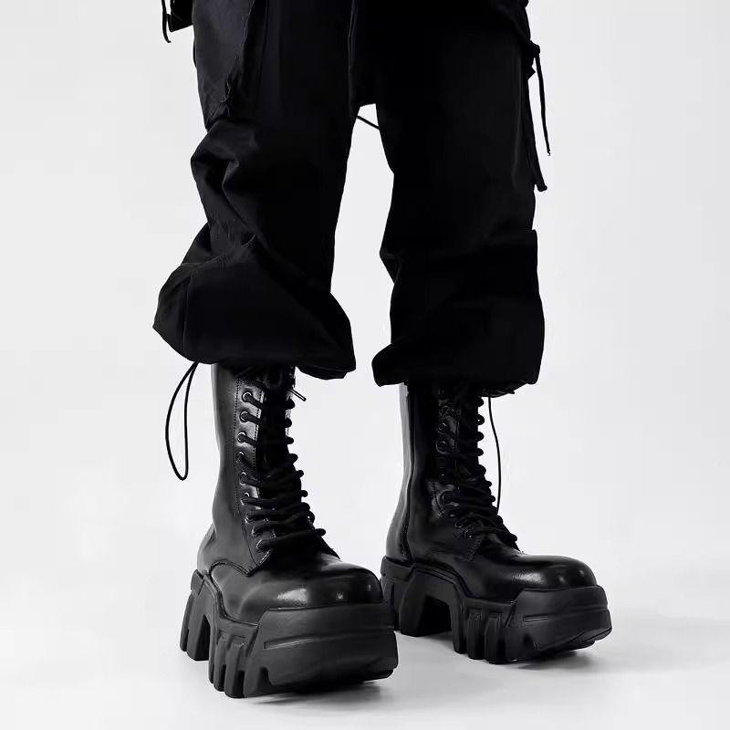 Mode 2025 High Top Herren- und Damen-Plateau-Tank Stiefel mit langem Schaft Tide Big Head Innenerhöhung Lokomotive Bulldozer Stiefel 42 schwarz von Joom DACH