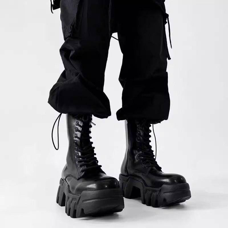 Mode 2025 High Top Herren- und Damen-Plateau-Tank Stiefel mit langem Schaft Tide Big Head Innenerhöhung Lokomotive Bulldozer Stiefel 42 schwarz von Joom DACH