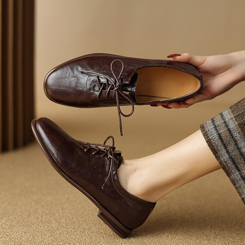 Mode 2025 Neu Frühling Echtes Leder Damen Schuhe Runde Zehen Pumps Schuhe für Damen Slipper Damen Schuhe Retro Oxford 40 braun von Joom DACH