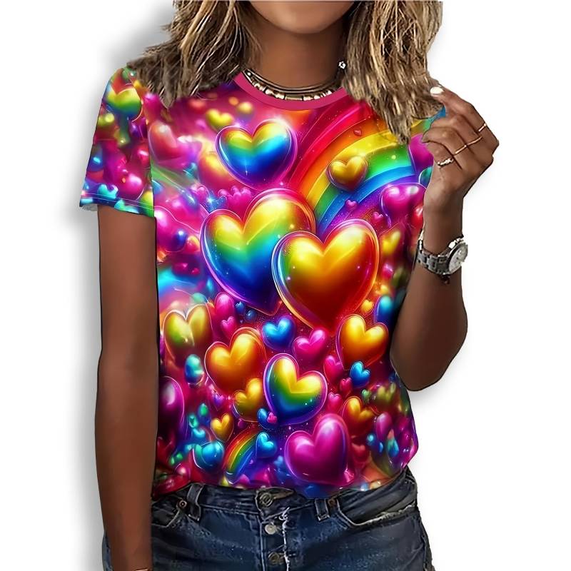 Mode 3D Druck T Shirt für Frauen Casual Rundhals Liebe Sommer Kurzarm Tops Hip Hop Trend Damen Kleidung Lose Mädchen Tees M von Joom DACH
