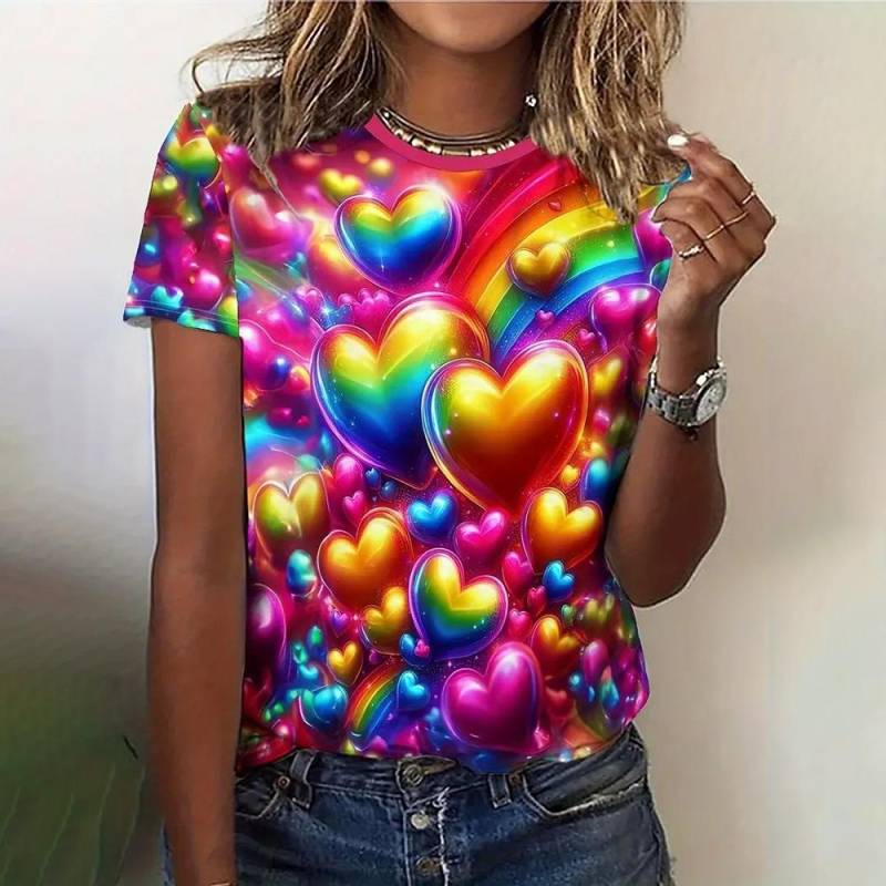 Mode 3D Liebe Print T Shirt für Frauen Casual Rundhals Sommer Kurzarm Tops Hip Hop Trend Damen Kleidung lose Mädchen Tees L von Joom DACH