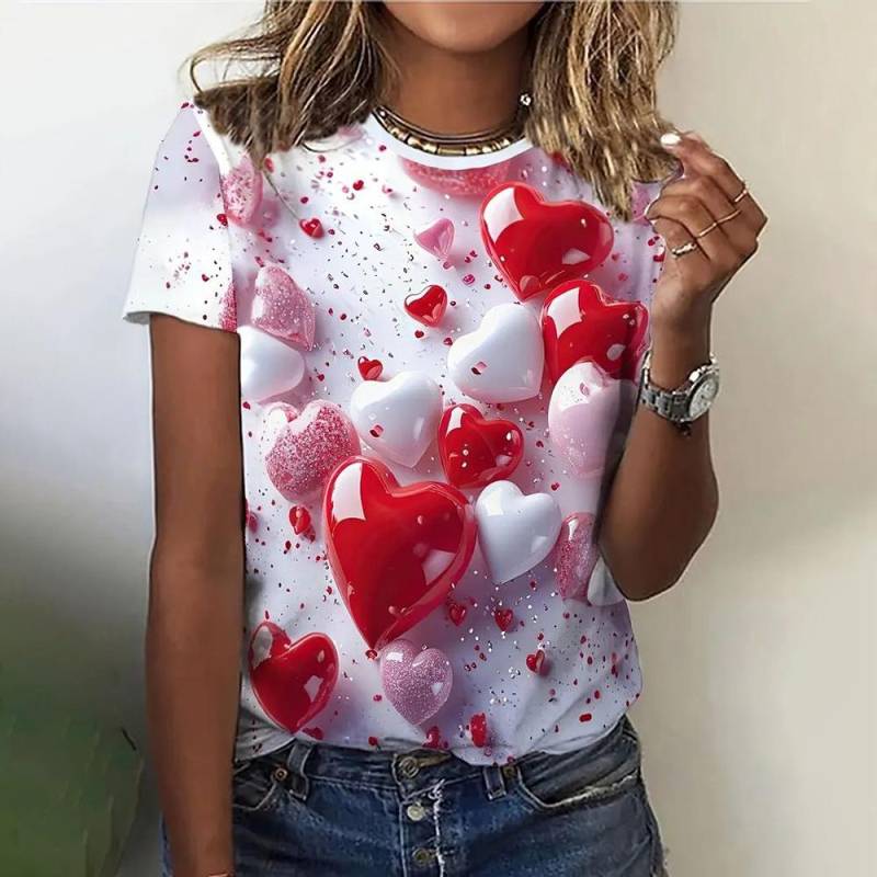 Mode 3D Liebe Print T Shirt für Frauen Casual Rundhals Sommer Kurzarm Tops Hip Hop Trend Damen Kleidung lose Mädchen Tees L von Joom DACH