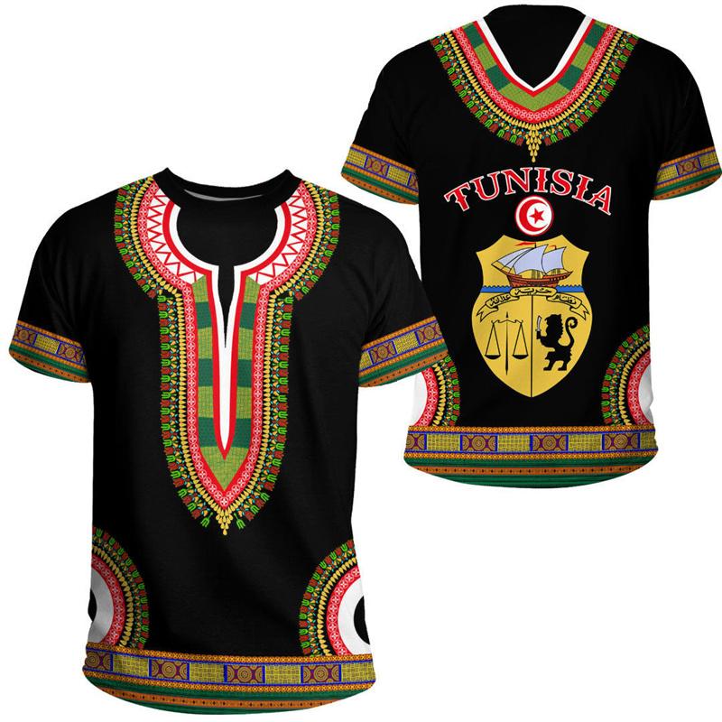 Mode 3D-gedrucktes Tunesien T-Shirt für Herren Wappenmuster T-Shirt Streetwear Kurzarm Übergroße T-Shirts Oberteile XXL von Joom DACH