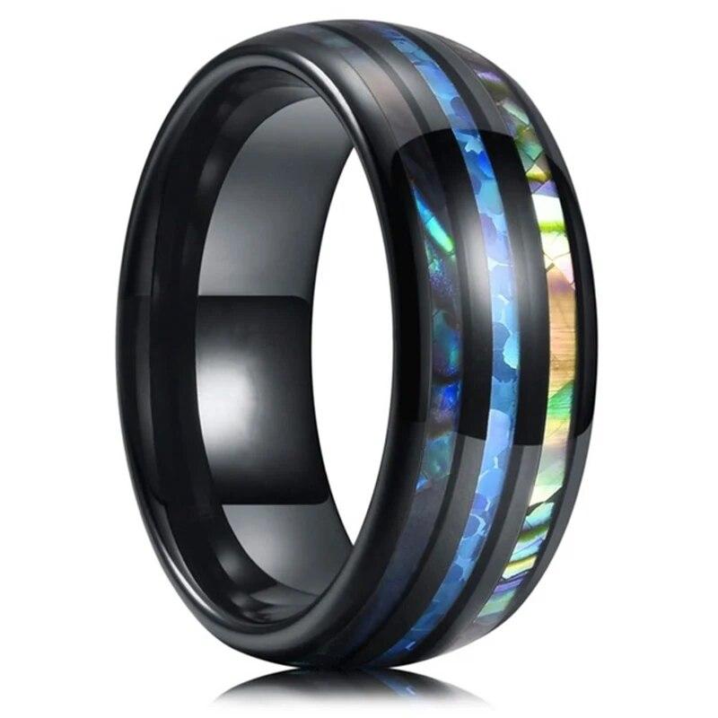 Mode 8mm Schwarz Titan Ehering für Männer Frauen Bunte Abalone Shell und Blau Opal Intarsien Ring Männer hochzeit Party Schmuck 13 von Joom DACH