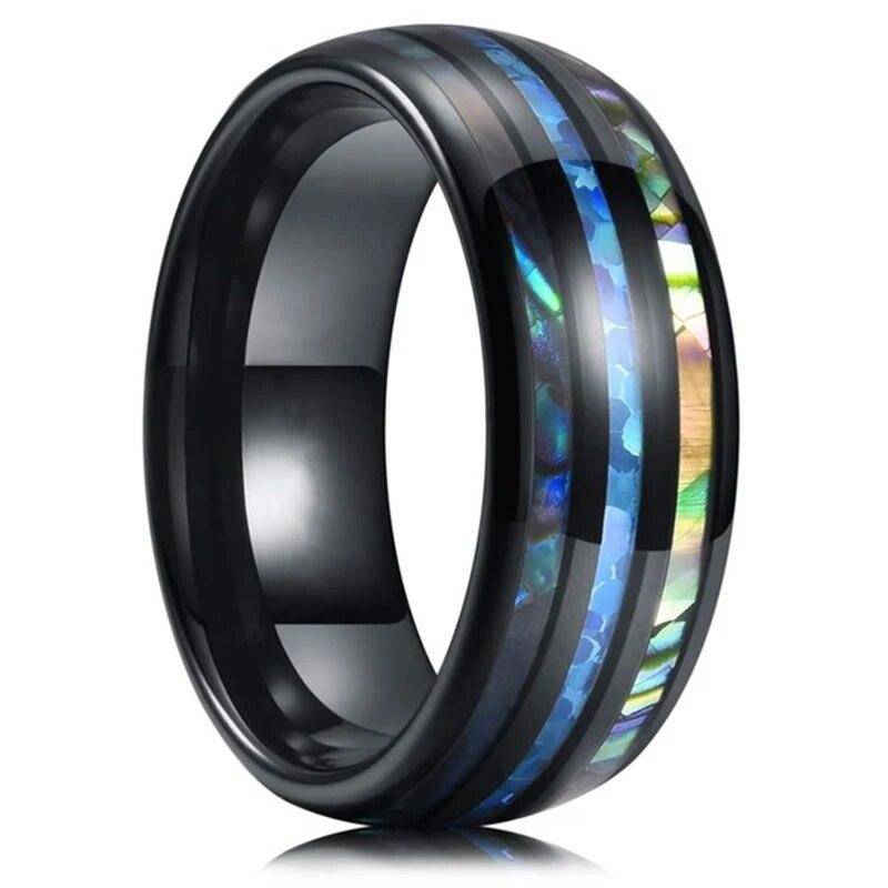 Mode 8mm Schwarz Titan Ehering für Männer Frauen Bunte Abalone Shell und Blau Opal Intarsien Ring Männer hochzeit Party Schmuck 13 von Joom DACH