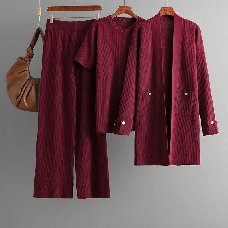 Mode Anzug Damen Herbst Und Winter Kurzarm Oberteil Mittel- bis Langer Cardigan Jacke Weitbein Hose Dreiteiliges Set OneSize rot von Joom DACH