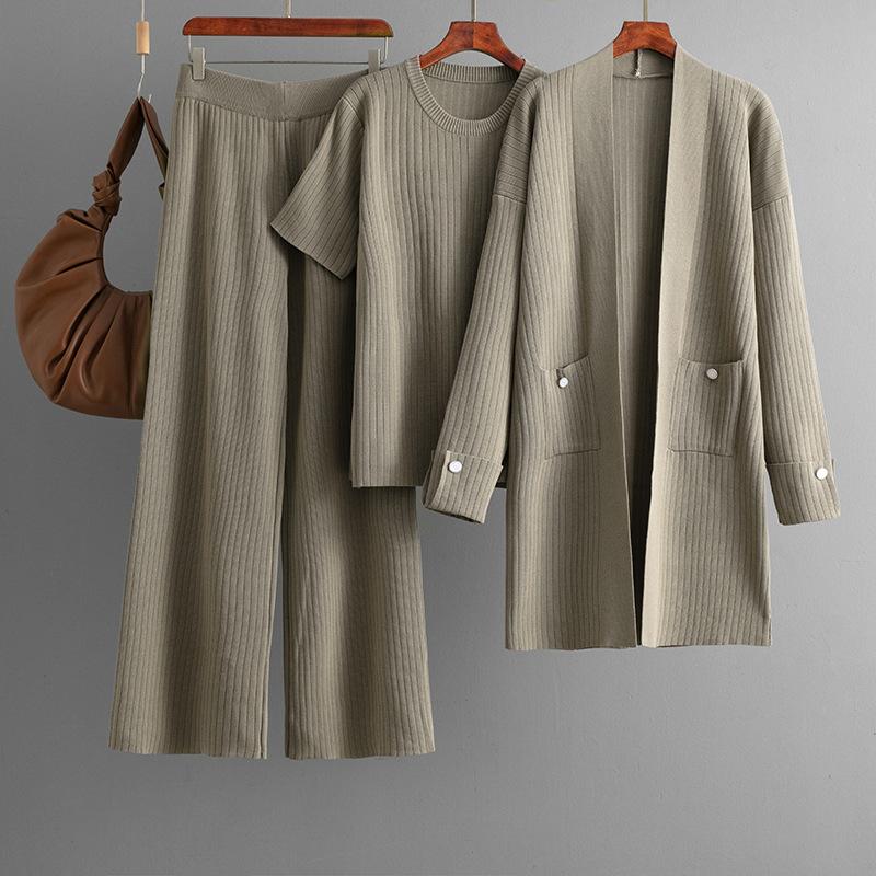 Mode Anzug Damen Herbst Und Winter Kurzarm Oberteil Mittel- bis Langer Cardigan Jacke Weitbein Hose Dreiteiliges Set OneSize von Joom DACH