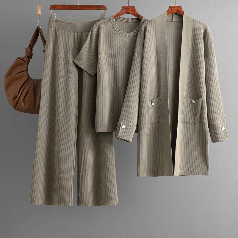 Mode Anzug Damen Herbst Und Winter Kurzarm Oberteil Mittel- bis Langer Cardigan Jacke Weitbein Hose Dreiteiliges Set OneSize von Joom DACH