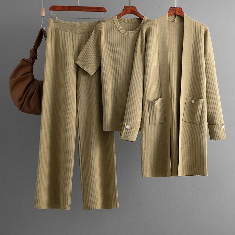 Mode Anzug Damen Herbst Und Winter Kurzarm Oberteil Mittel- bis Langer Cardigan Jacke Weitbein Hose Dreiteiliges Set OneSize khaki von Joom DACH