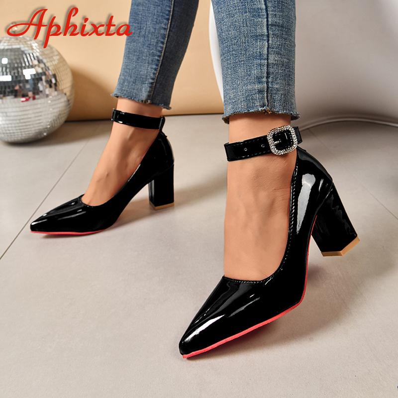 Mode Aphixta Kristalle Schnalle Zuhälter Riemen Lackleder 7cm Klobige Absätze Offizielle Pumps 2cm Gürtelschnalle Spitzschuh Damenschuhe 45 von Joom DACH