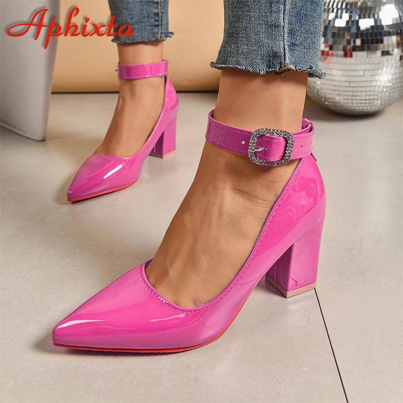 Mode Aphixta Kristalle Schnalle Zuhälter Riemen Lackleder 7cm Klobige Absätze Offizielle Pumps 2cm Gürtelschnalle Spitzschuh Damenschuhe 49 baby rosa von Joom DACH