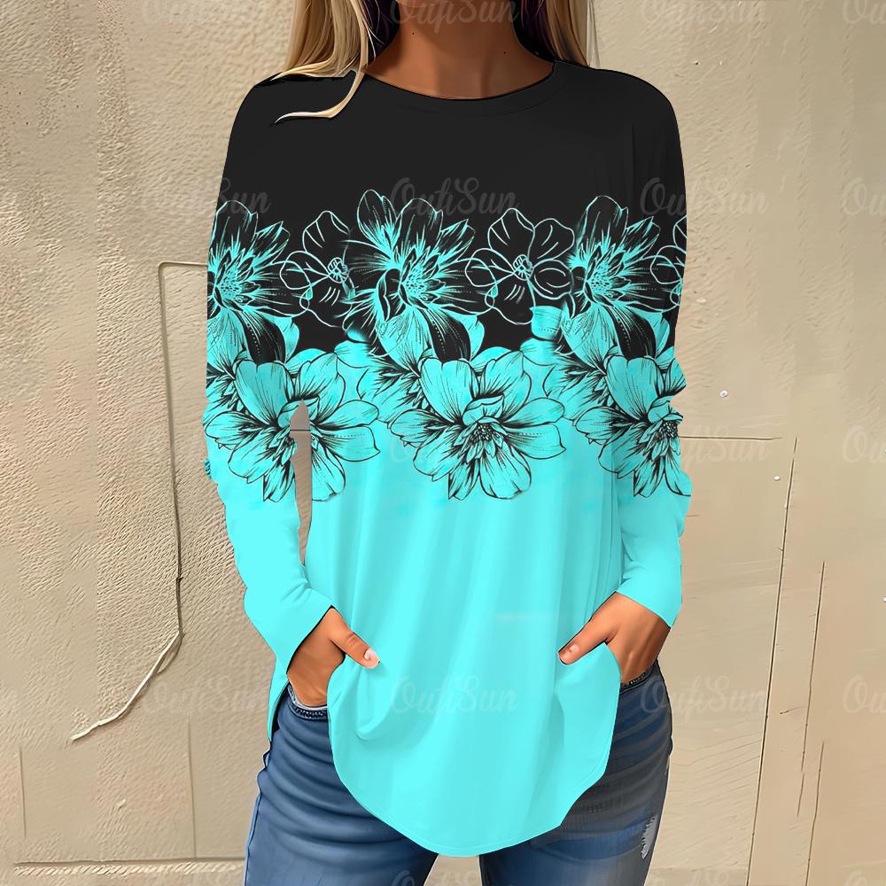 Mode Blumen Damen T-Shirts Herbst Trend Schwarz Weiß Langarm T-Shirt Lässig Locker Damenbekleidung Streetwear Oberteile XL von Joom DACH