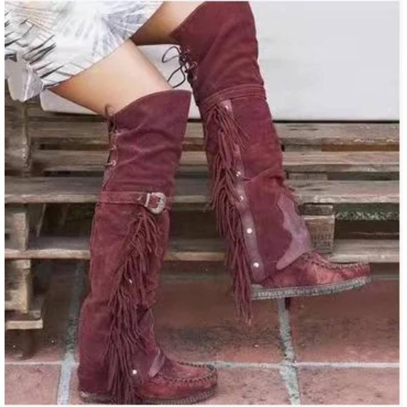 Mode Böhmen Knielange Damenstiefel Ethnische Persönlichkeit Hohe Stiefel Quasten Faux Wildlederstiefel Mädchen Flache Unterseite Lange Botas Mujer 38 bordeaux von Joom DACH