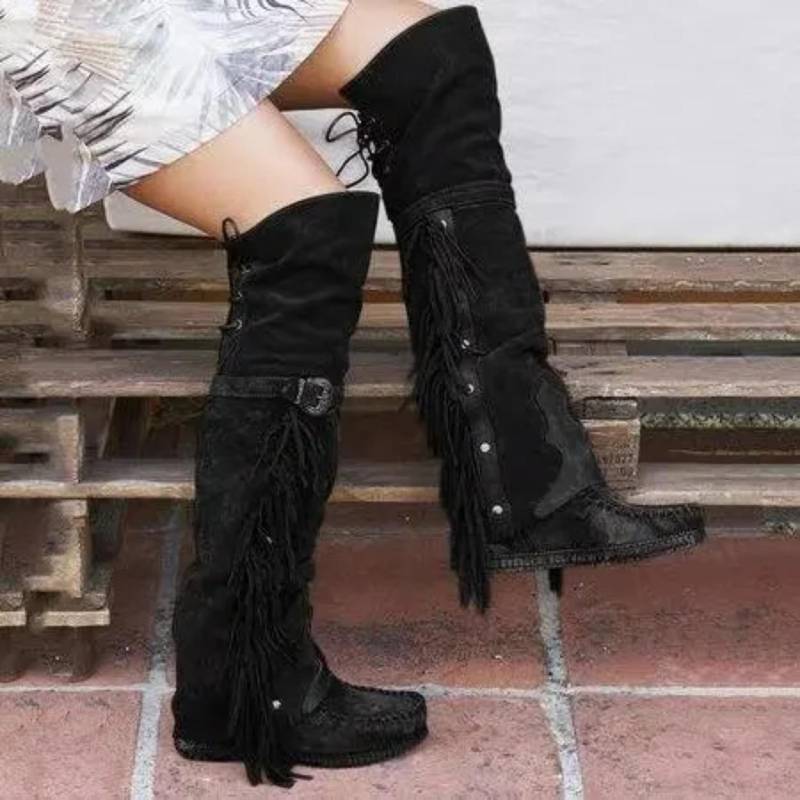 Mode Böhmen Knielange Damenstiefel Ethnische Persönlichkeit Hohe Stiefel Quasten Faux Wildlederstiefel Mädchen Flache Unterseite Lange Botas Mujer 39 schwarz von Joom DACH