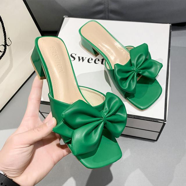 Mode Bogen Mid Heels Frauen Hausschuhe Sommer Neue Trend Designer Sandalen Chunky Schuhe Damen Kleid Flip -Flops Frauen Folien 41 grün von Joom DACH