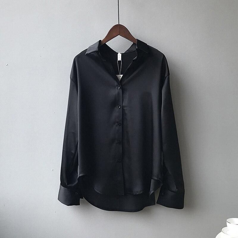 Mode Button Up Satin Seide Hemd Frauen Tops Vintage Casual Plus Größe Bluse Frauen Langarm Weiß Shirts Weibliche 11355 3XL schwarz von Joom DACH