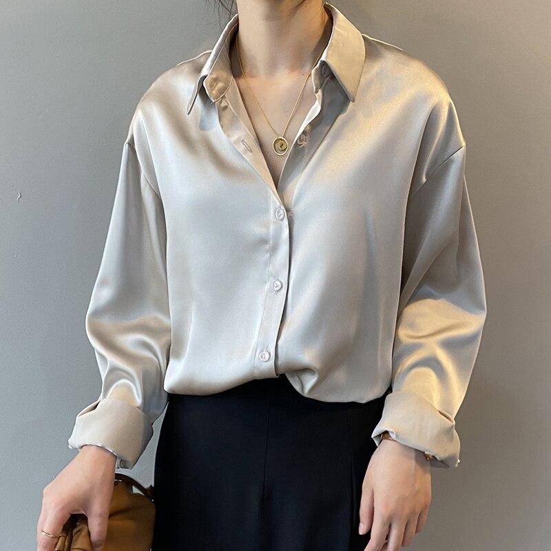 Mode Button Up Satin Seide Hemd Frauen Tops Vintage Casual Plus Größe Bluse Frauen Langarm Weiß Shirts Weibliche 11355 L apricot von Joom DACH