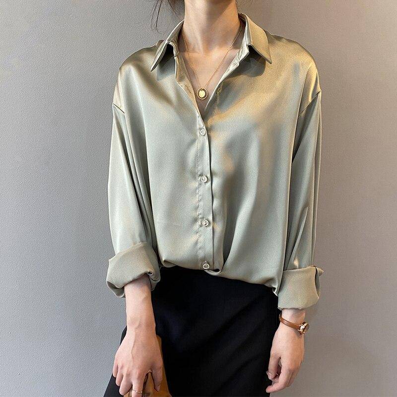 Mode Button Up Satin Seide Hemd Frauen Tops Vintage Casual Plus Größe Bluse Frauen Langarm Weiß Shirts Weibliche 11355 M grün von Joom DACH