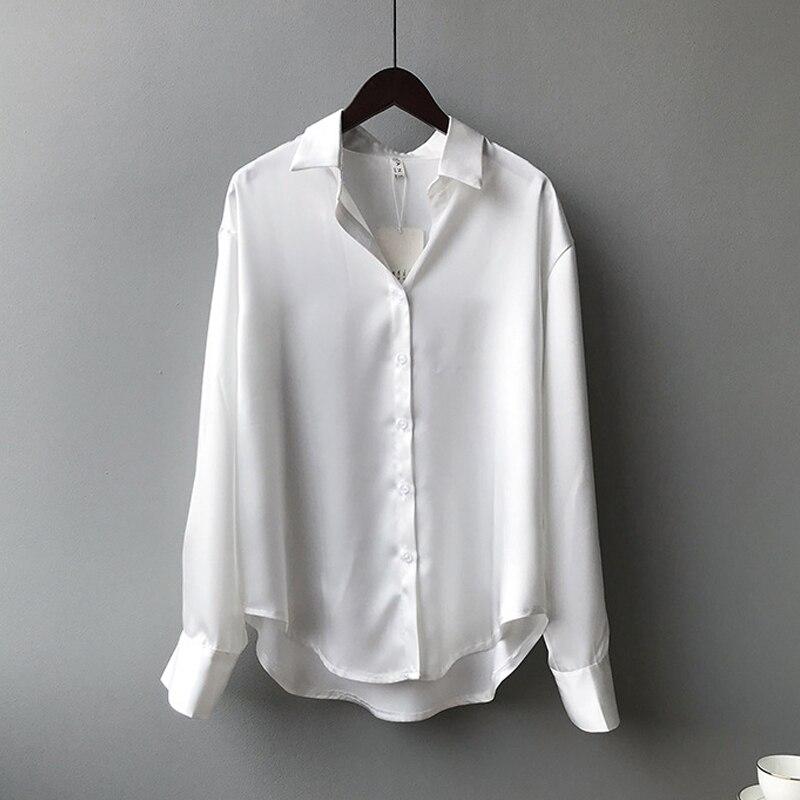 Mode Button Up Satin Seide Hemd Frauen Tops Vintage Casual Plus Größe Bluse Frauen Langarm Weiß Shirts Weibliche 11355 S weiß von Joom DACH
