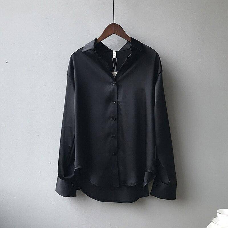 Mode Button Up Satin Seide Hemd Frauen Tops Vintage Casual Plus Größe Bluse Frauen Langarm Weiß Shirts Weibliche 11355 XXL schwarz von Joom DACH