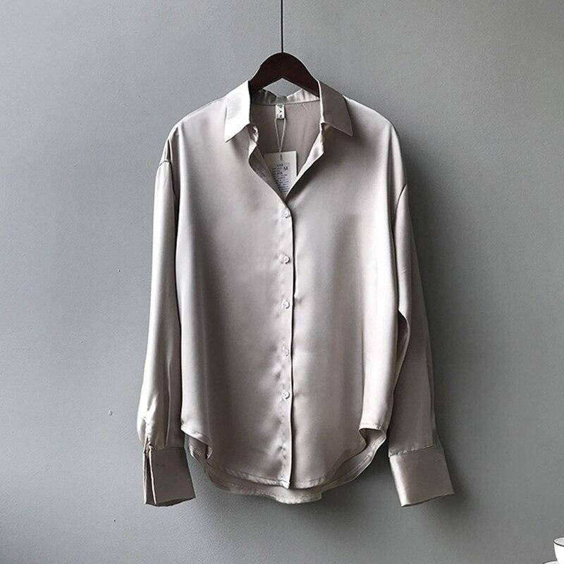 Mode Button Up Satin Seide Hemd Frauen Tops Vintage Casual Plus Größe Bluse Frauen Langarm Weiß Shirts Weibliche 11355 XXL graue von Joom DACH