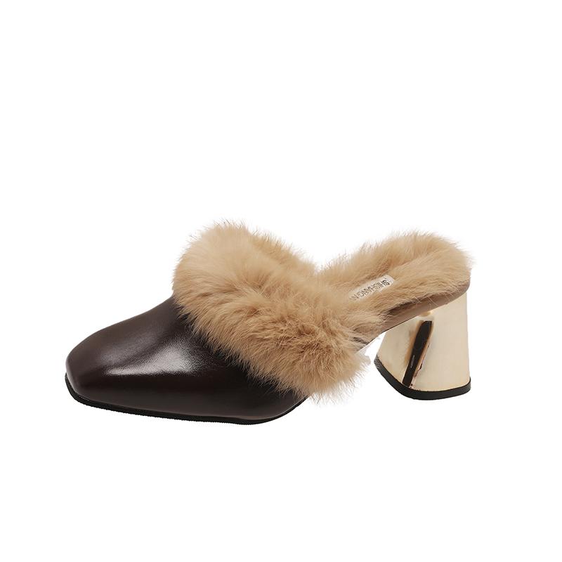 Mode Damen Hausschuhe Spitzschuh Elegant Pantoletten Hausschuhe Herbst Fellige Hohe Absätze Schuhe Damen Büroarbeit Slipper Damen Zapatos De Mujer 37 braun von Joom DACH