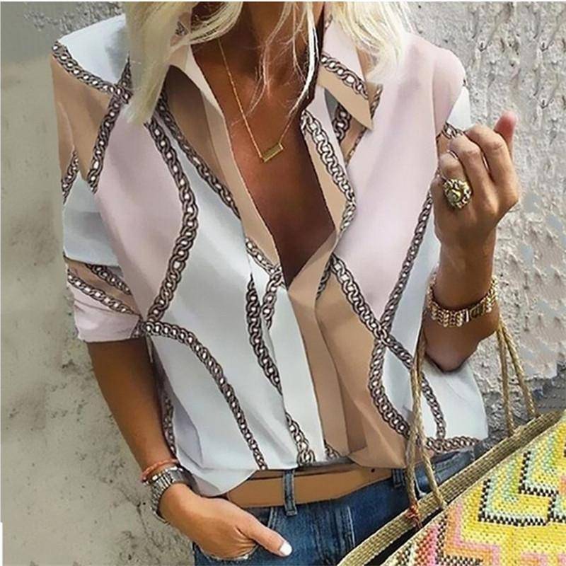 Mode Damen Herbst Casual Cardigan Chain Print Revers Langarmshirt XXXL von Joom DACH