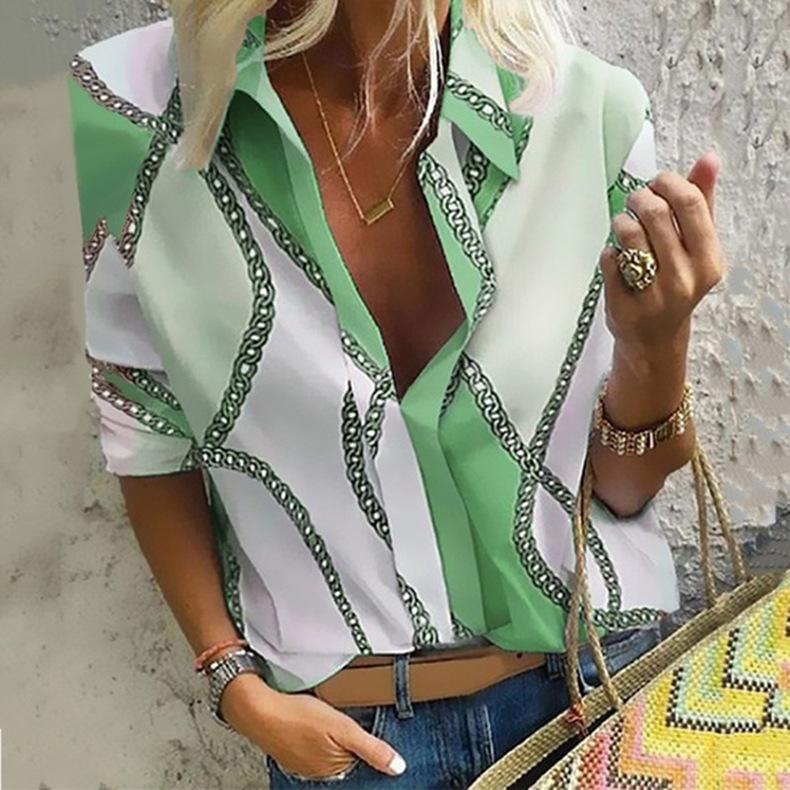 Mode Damen Herbst Casual Cardigan Chain Print Revers Langarmshirt XXXXL von Joom DACH