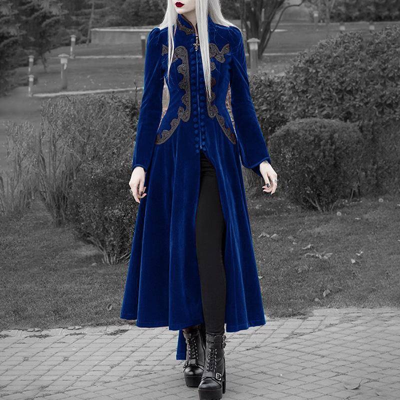 Mode Damen Langarm Mittelalterlicher Cape Mantel Gothic Steampunk Viktorianischer Trenchcoat Reißverschluss Samtjacke XXXXXL navy blau von Joom DACH