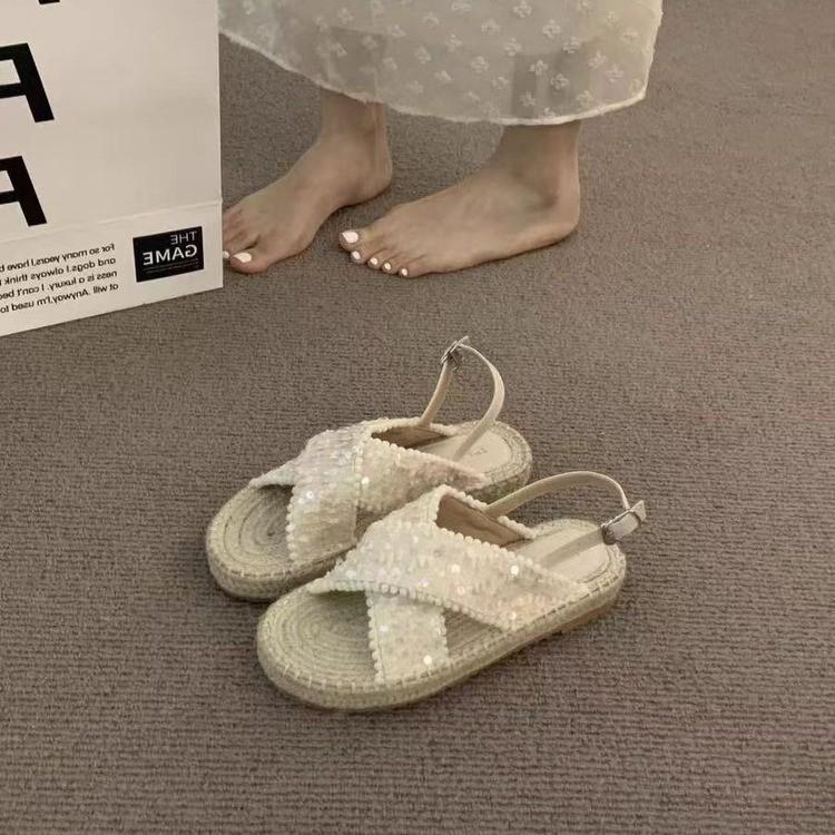 Mode Damen Sandalen Flache Römerschuhe für Damen Gestrickt Sommer Outdoor Cross Damen Pantoletten Damen Sandalen 42 beige von Joom DACH