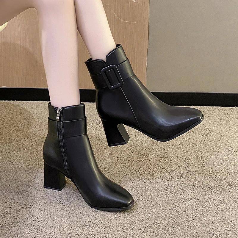 Mode Damen Schuhe Seitenreißverschluss Damen Stiefel Heißer Verkauf Eckige Zehenpartie Büro und Karriere Hohe Qualität Gürtelschnalle Stiefeletten 40 schwarz von Joom DACH