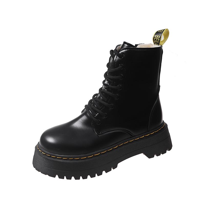 Mode Damen Stiefeletten Winter Hohe Plateaus Dicke Absätze 2024 Hohe Qualität Kurzer Plüsch Klobige Schuhe Punk Leder Damen Boots 37 schwarz von Joom DACH