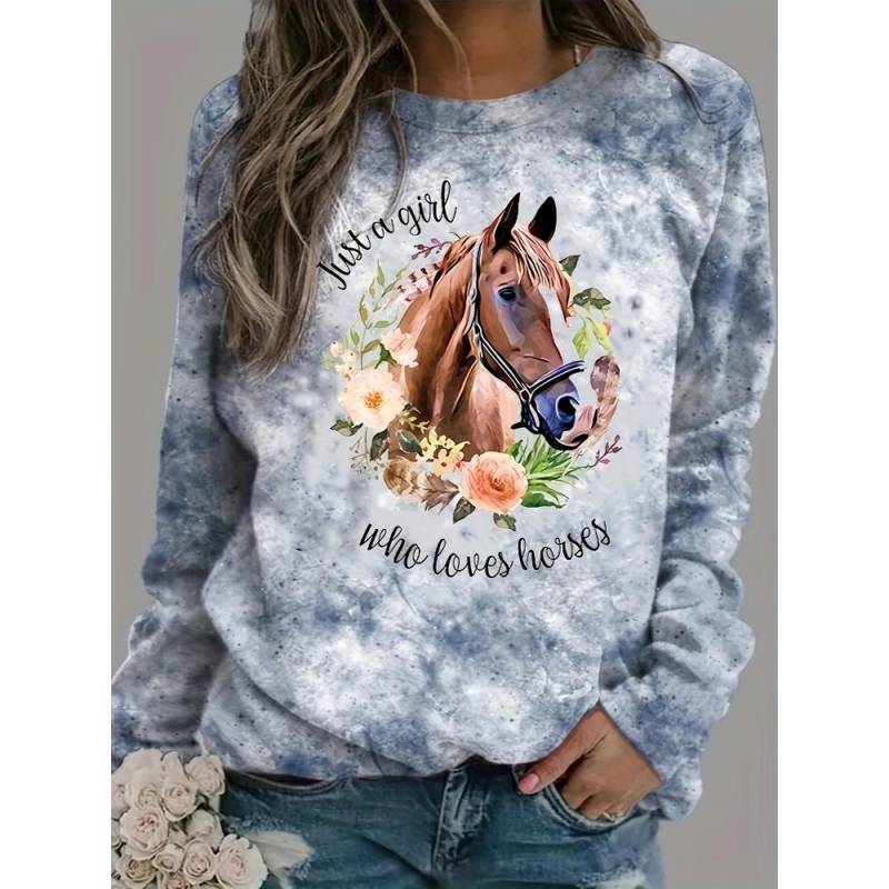 Mode Damen Sweatshirt Pferd Grafikdruck Sweatshirt für Damen Lässig Langarm Rundhals Pullover y2k Damenbekleidung M von Joom DACH