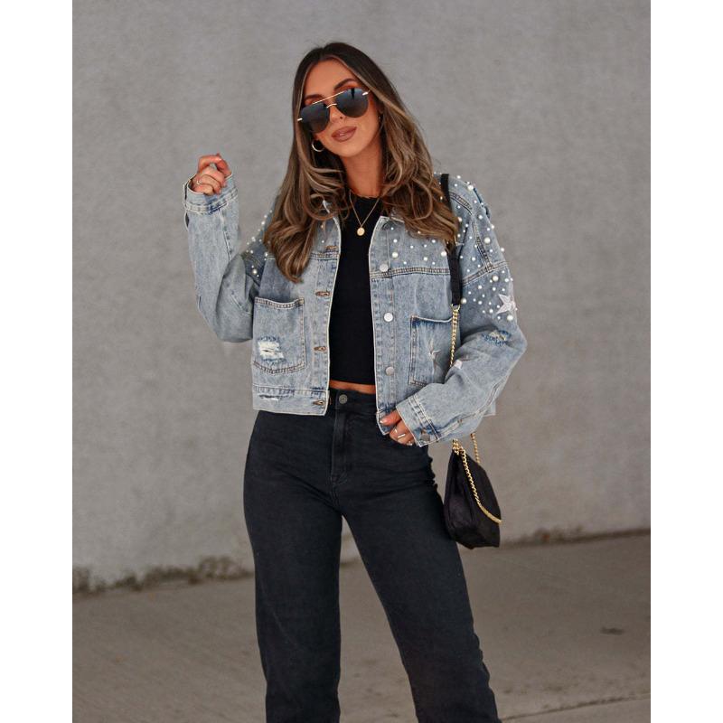 Mode Damenbekleidung Neue Perlen Damen Lose Jeansjacke XL von Joom DACH
