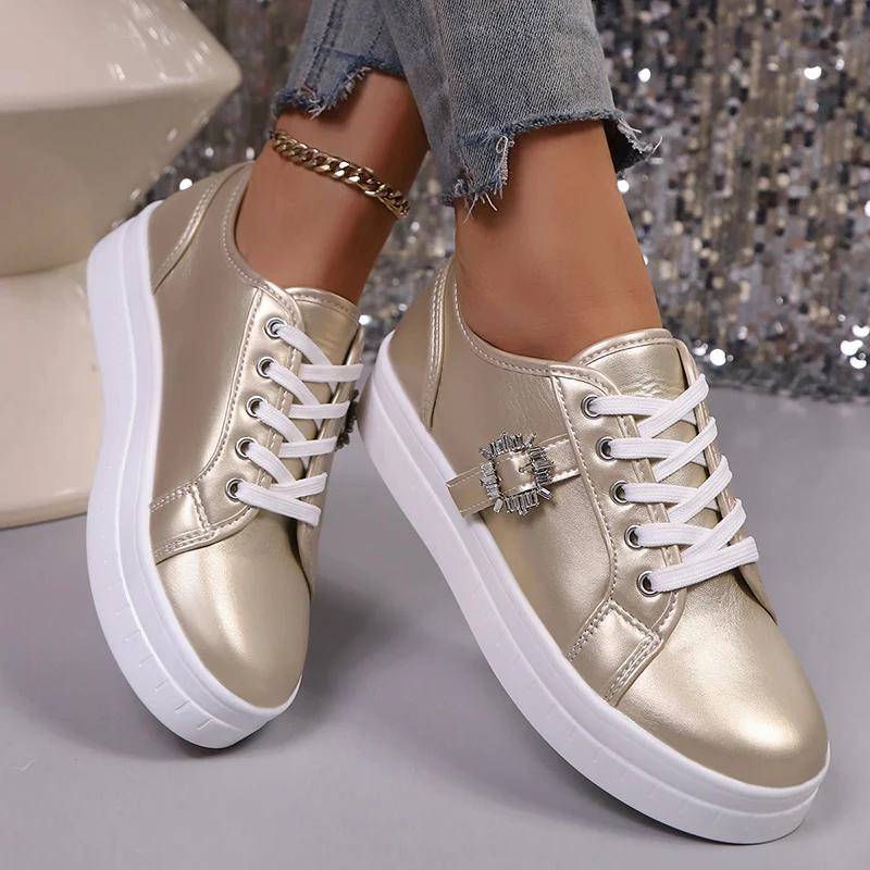 Mode Damenmode Sneaker Gold Silber Low Top Lässige Sportschuhe Damen Metalldekor Bequeme Rutschfeste Laufschuhe Übergröße 37 gold von Joom DACH