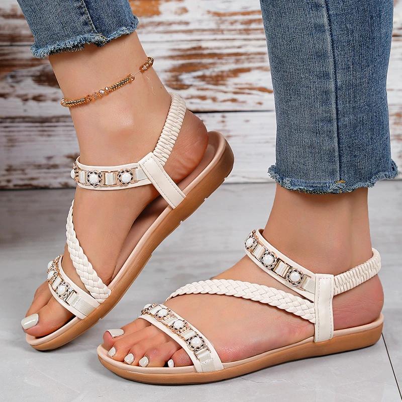 Mode Damenschuhe Gummiband Damen Sandalen Heißer Verkauf String Bead Casual Sandale Swomen Sommer Plus Size Flache Sandalen 39 beige von Joom DACH