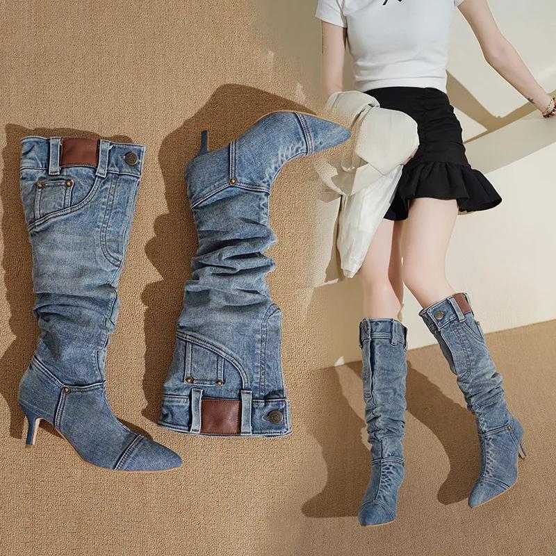 Mode Denim Lange Stiefel Frauen Knie Stiefel Neue 2024 Herbst Winter High Heels Retro Western Hot Girl Cowboy Stiefel Dame Moderne boot Botas 37 blau von Joom DACH
