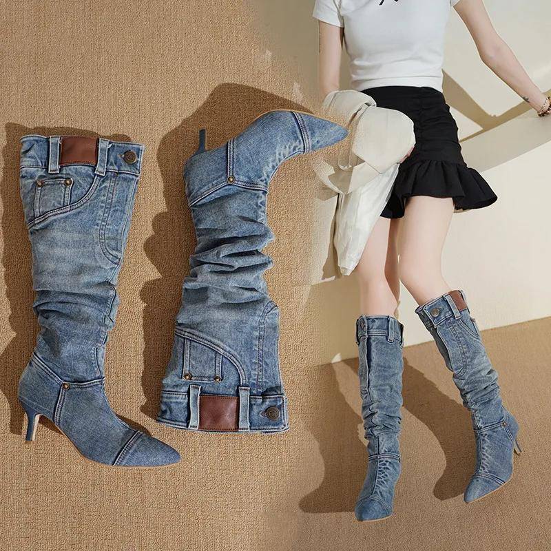 Mode Denim Lange Stiefel Frauen Knie Stiefel Neue 2024 Herbst Winter High Heels Retro Western Hot Girl Cowboy Stiefel Dame Moderne boot Botas 37 blau von Joom DACH