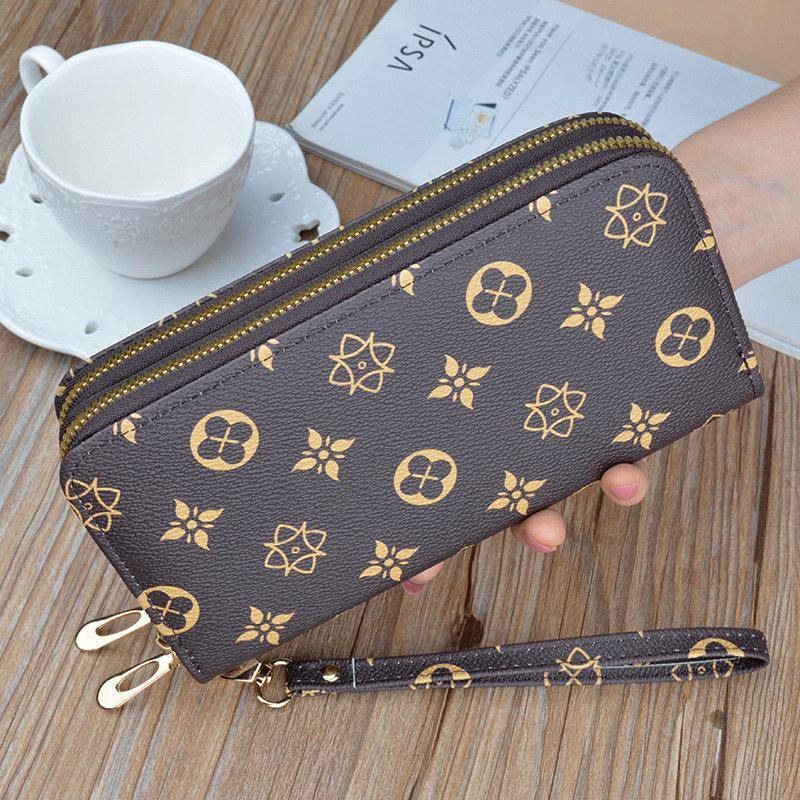 Mode Doppel-Reißverschluss Handtaschen Frauen lange Telefon Taschen Vintage-Design künstliche Leder Geldbörse Brieftaschen 19.5*9.5*4cm kaffeebraun von Joom DACH