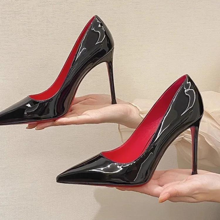 Mode Echtes Leder Damenschuhe Spitzschuh Rote Untere Designer Pumps High Heels Schuhe Frau Stiletto Heels Party Schuhe Mit box 39 von Joom DACH