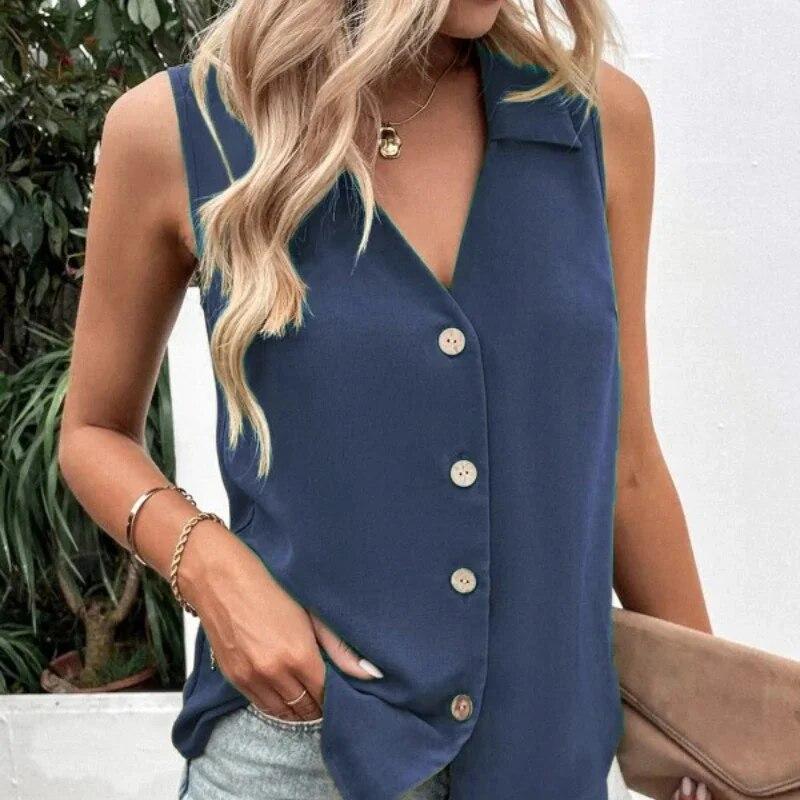 Mode Einfarbig V-ausschnitt Chiffon Hemd Tank Top Shirt Frauen Sommer Neue Ärmellose Taste Bluse Lose Kleidung Blusas 27987 M dunkelblaue von Joom DACH